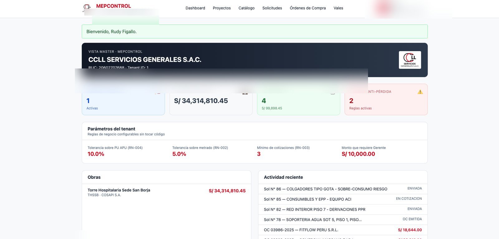 Vista de configuración del tenant: parámetros del contrato, tolerancias y obras del portafolio
