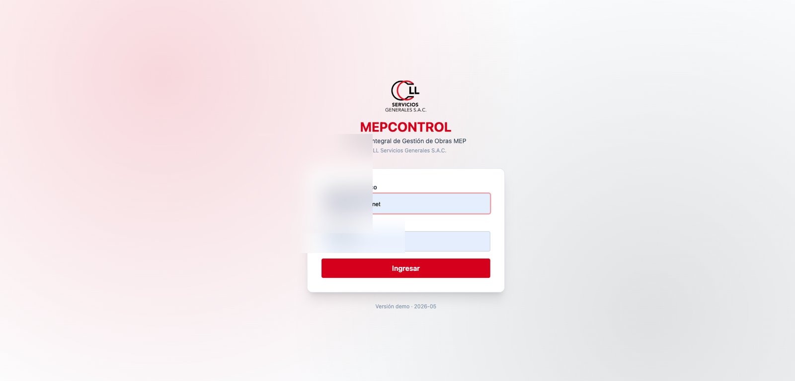 Pantalla de acceso al sistema con marca personalizada del contratista